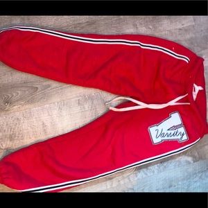 varsity sweat pants size med red white and blue with fuzzy pants lining